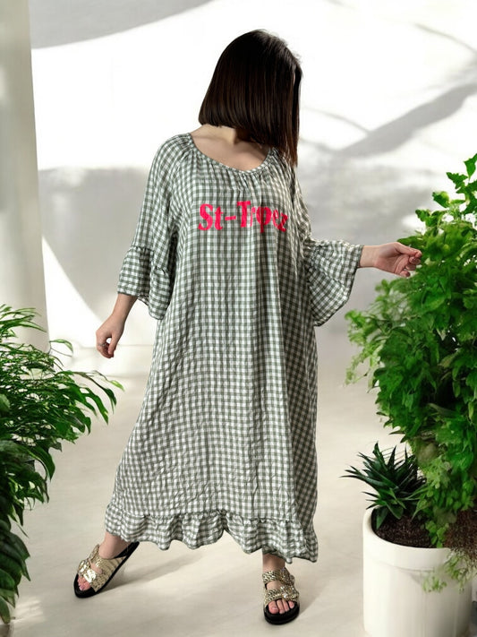 ST TROPEZ - ROBE VICHY KAKI JUSQU'A LA TAILLE 52