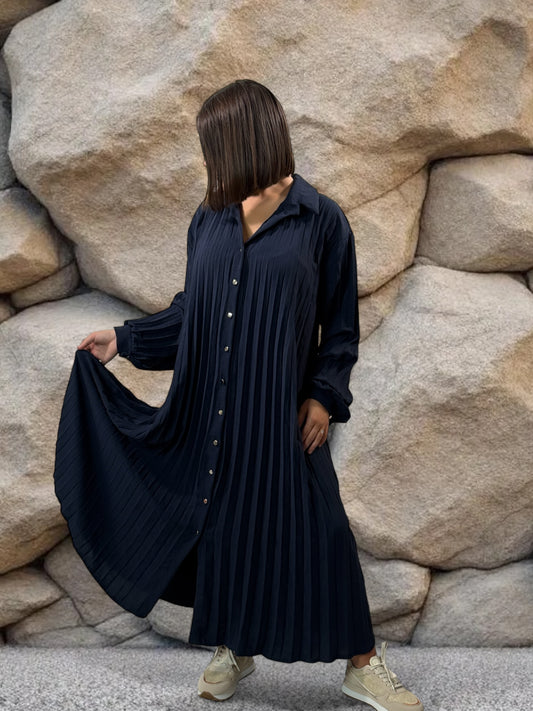 MAROUSSIA - ROBE MARINE PLIS SOLEIL JUSQU'A LA TAILLE 56