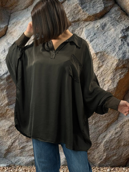 MONICA - TUNIQUE MARRON OVERSIZE ASPECT SOIE JUSQU'A LA TAILLE 56