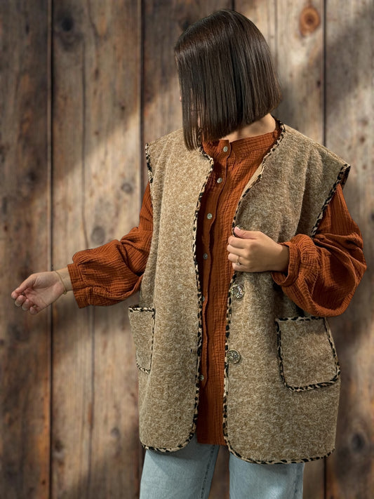PAULO - GILET CAMEL SANS MANCHES JUSQU'A LA TAILLE 52/54