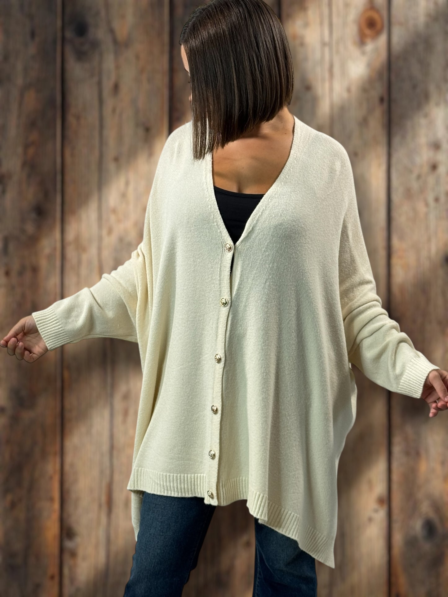 MATHILDE - GILET OVERSIZE BLANC CASSE JUSQU'A LA TAILLE 56/58