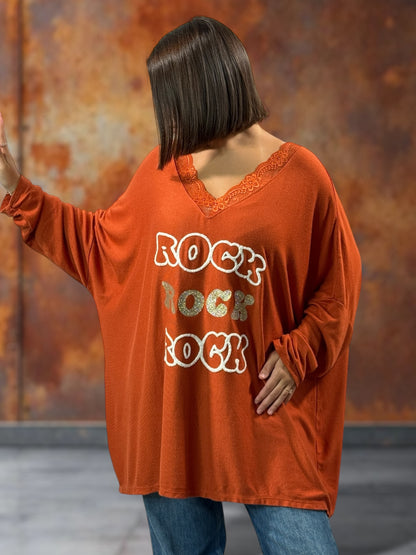 ELSA - PULL ROUX EN MAILLE BORDE DE DENTELLE JUSQU'A LA TAILLE 56/58