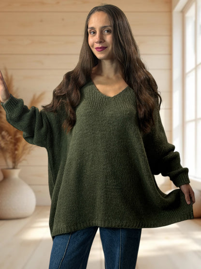 RICKOU - PULL OVERSIZE KAKI MOTIF SOLEIL JUSQU'A LA TAILLE 56