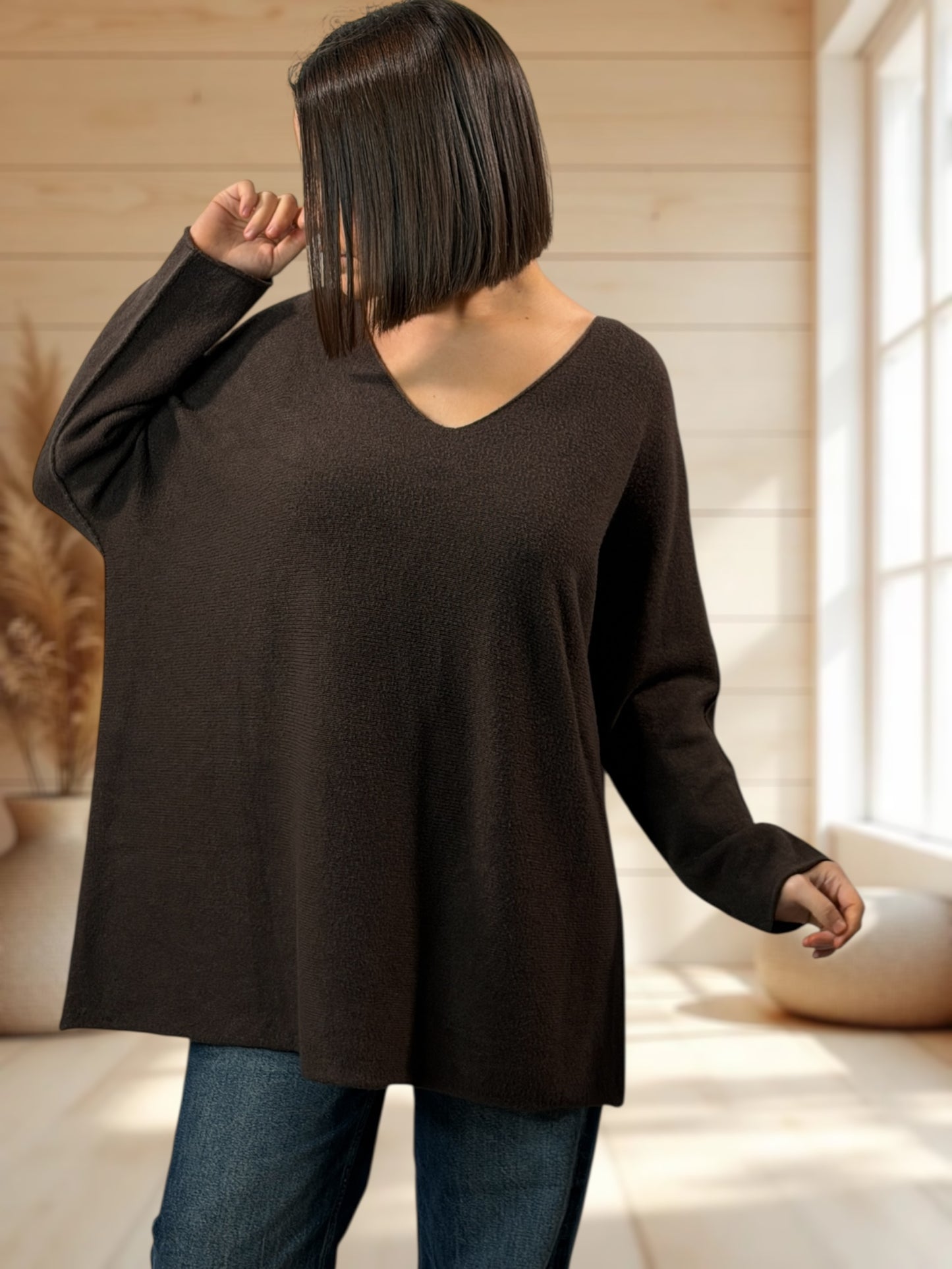 LARA - PULL OVERSIZE MARRON JUSQU'A LA TAILLE 54