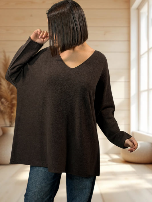 LARA - PULL OVERSIZE MARRON JUSQU'A LA TAILLE 54