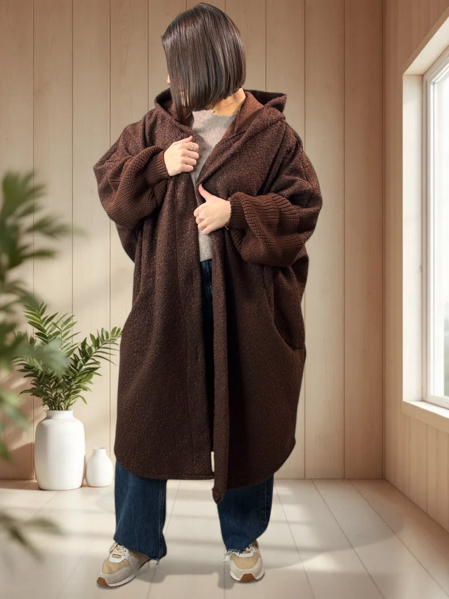 VIRGINIE - MANTEAU OVERSIZE MARRON A CAPUCHE JUSQU'A LA TAILLE 54