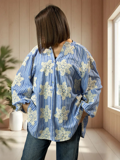 ST TROPEZ - BLOUSE BRODÉE A RAYURE JUSQU'A LA TAILLE 52