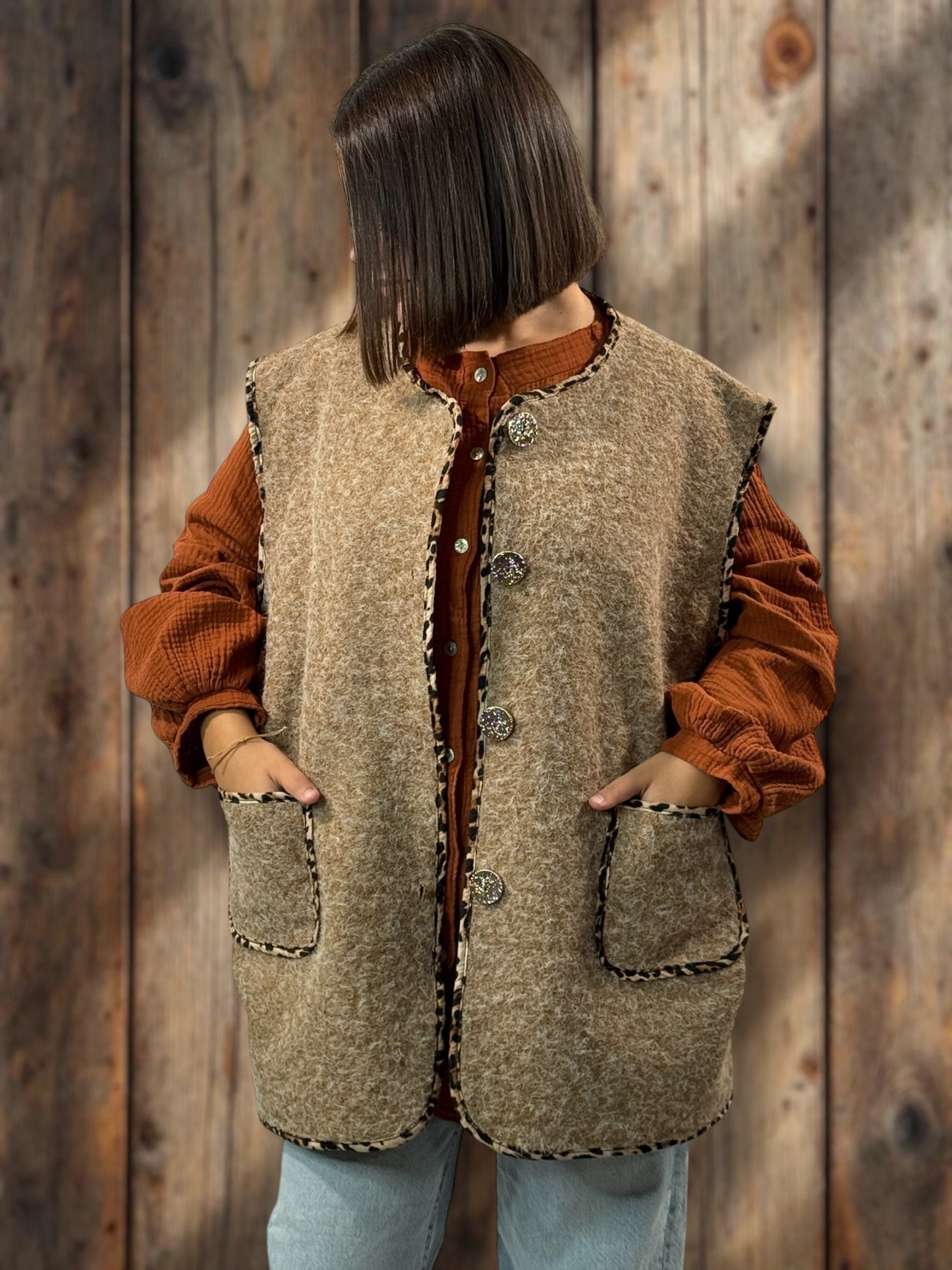 PAULO - GILET CAMEL SANS MANCHES JUSQU'A LA TAILLE 52/54