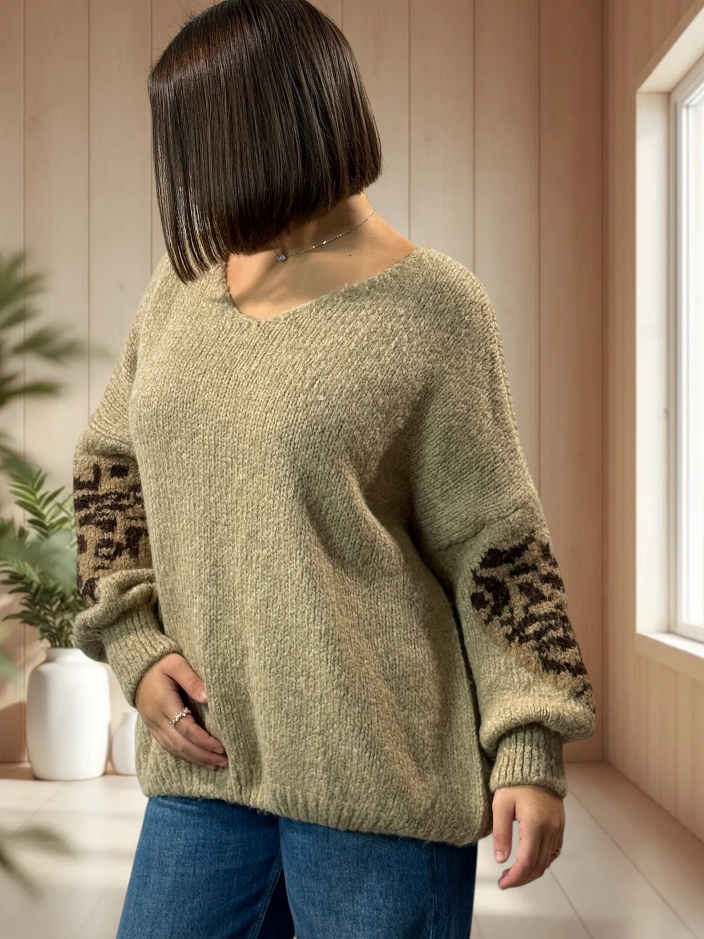 AMBER - PULL CAMEL COEUR LEOPARD JUSQU'A LA TAILLE 50/52