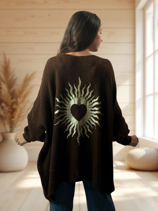 RICKOU - PULL OVERSIZE MARRON MOTIF SOLEIL JUSQU'A LA TAILLE 56