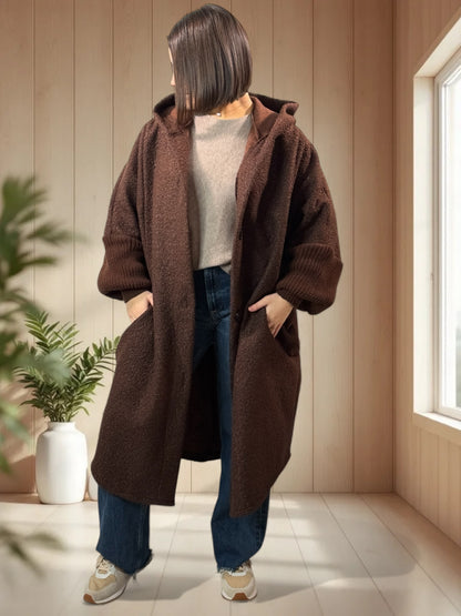 VIRGINIE - MANTEAU OVERSIZE MARRON A CAPUCHE JUSQU'A LA TAILLE 54