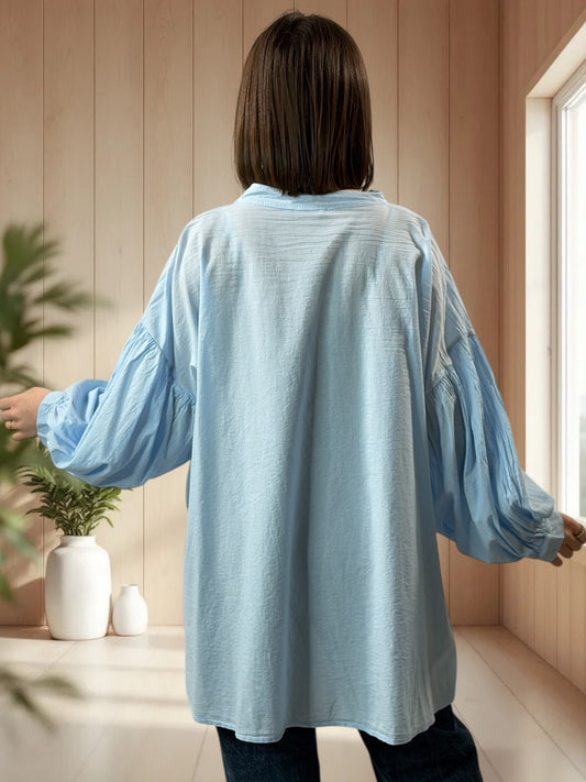 MADDY  - BLOUSE BLEUE EN COTON JUSQU'A LA TAILLE 50/52