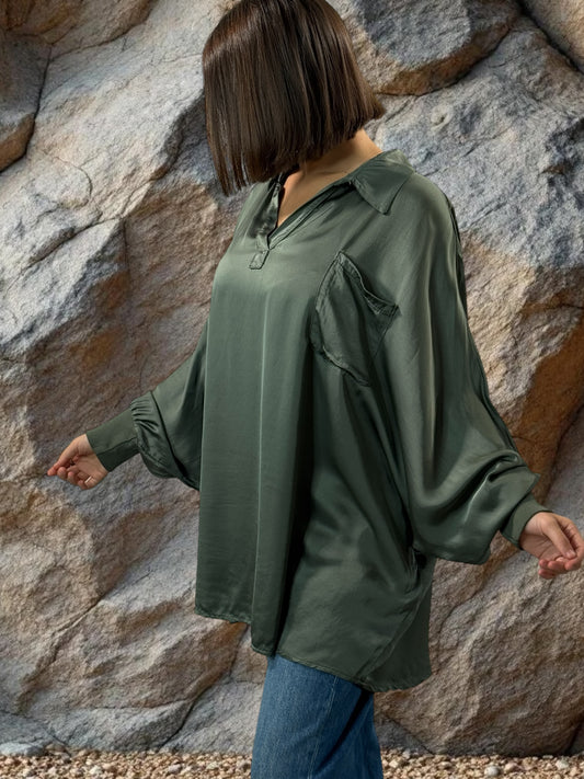 MONICA - TUNIQUE KAKI OVERSIZE ASPECT SOIE JUSQU'A LA TAILLE 56