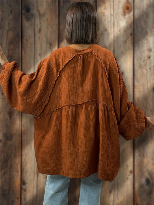TIRAMISU - CHEMISE OVERSIZE TERRACOTTA EN GAZE DE COTON JUSQU'A LA TAILLE 56