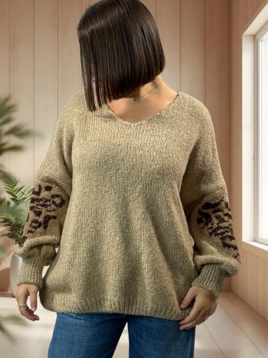 AMBER - PULL CAMEL COEUR LEOPARD JUSQU'A LA TAILLE 50/52