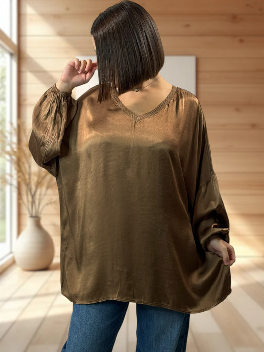 BARBARA - TUNIQUE CAMEL OVERSIZE ASPECT SOIE JUSQU'A LA TAILLE 52