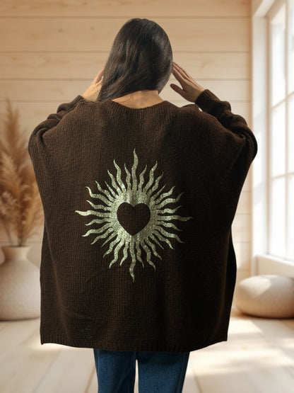 RICKOU - PULL OVERSIZE MARRON MOTIF SOLEIL JUSQU'A LA TAILLE 56