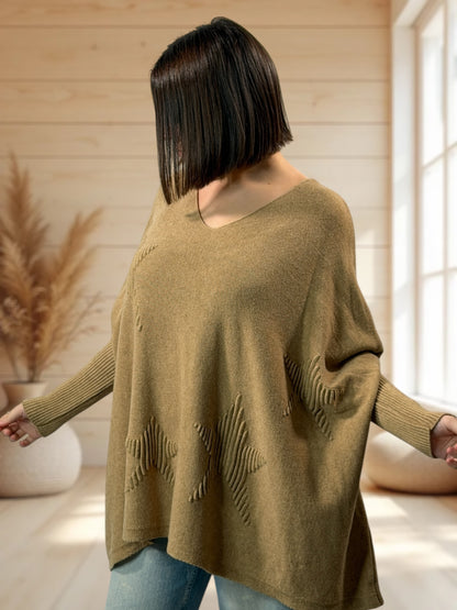 ZAZA - PULL OVERSIZE CAMEL MOTIF ETOILE JUSQU'A LA TAILLE 56