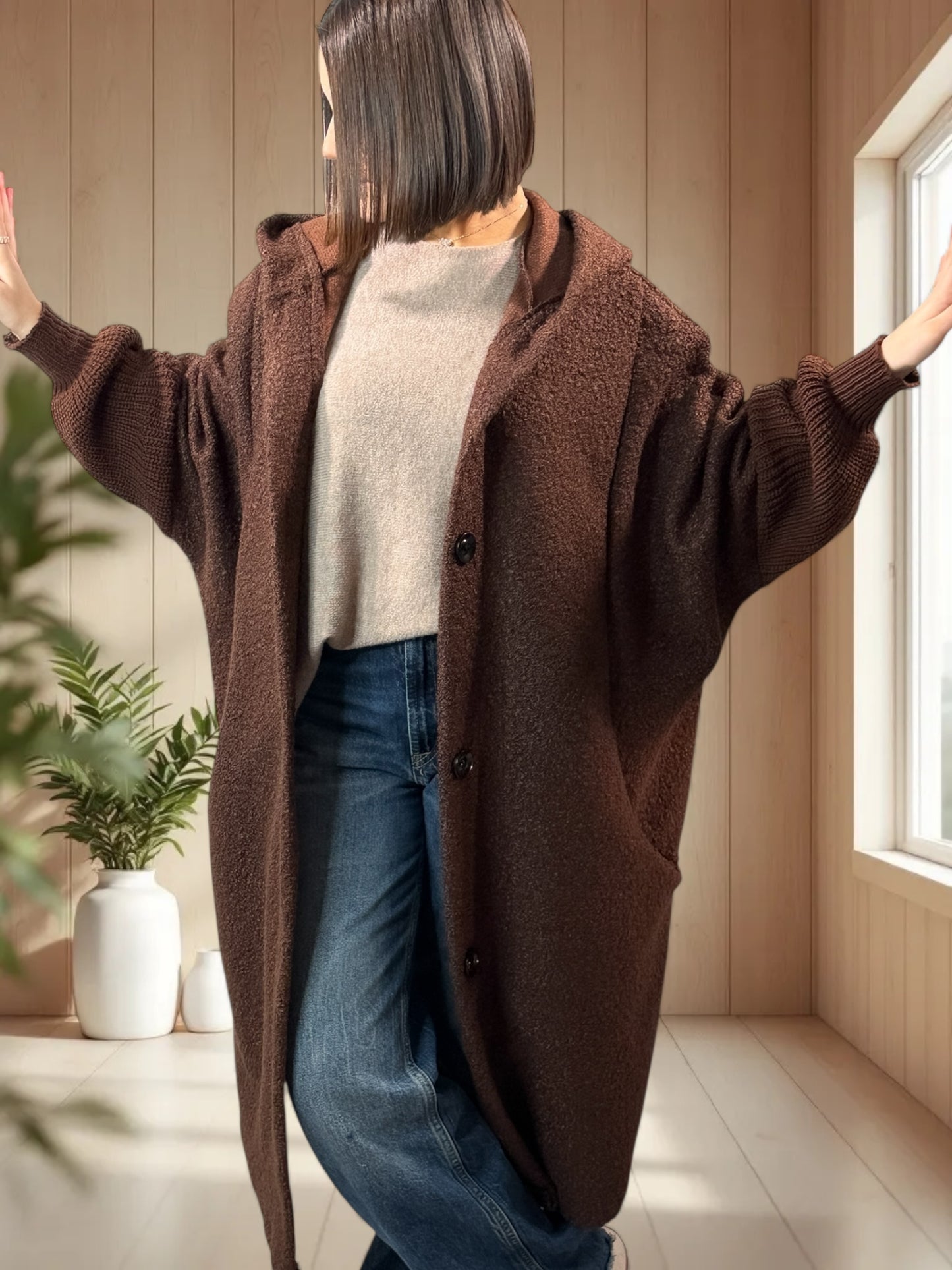 VIRGINIE - MANTEAU OVERSIZE MARRON A CAPUCHE JUSQU'A LA TAILLE 54