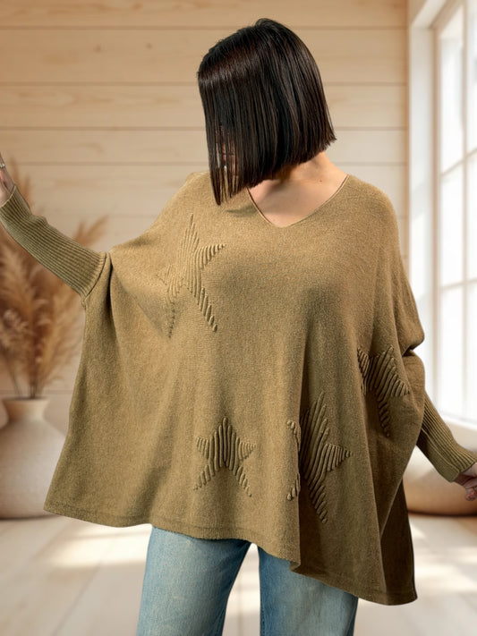 ZAZA - PULL OVERSIZE CAMEL MOTIF ETOILE JUSQU'A LA TAILLE 56