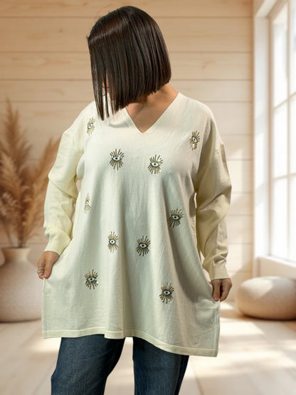 RITA - PULL OVERSIZE BLANC CASSE AVEC OEIL EN SEQUINS JUSQU'A LA TAILLE 54