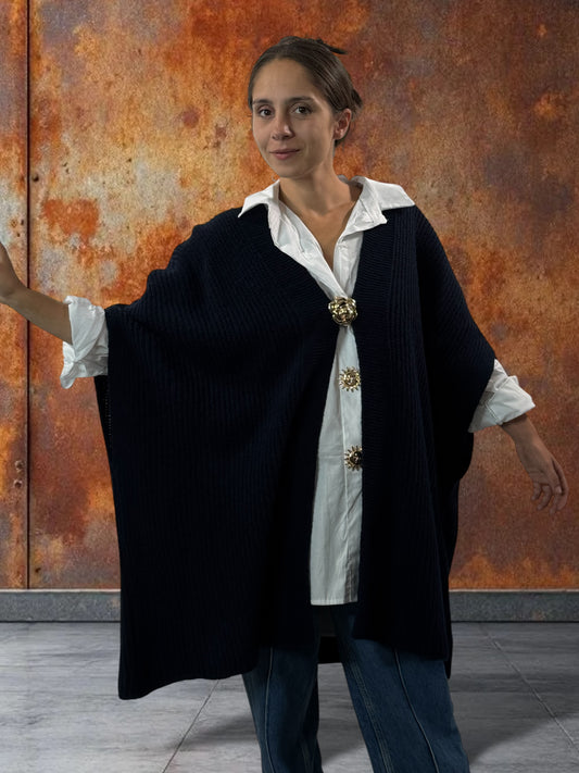 BELINDA - GILET OVERSIZE MARINE AVEC SA BROCHE JUSQU'A LA TAILLE 60