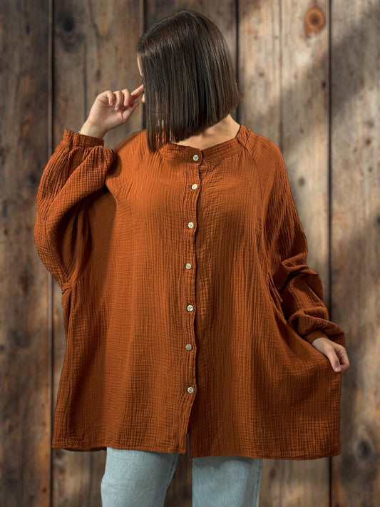 TIRAMISU - CHEMISE OVERSIZE TERRACOTTA EN GAZE DE COTON JUSQU'A LA TAILLE 56