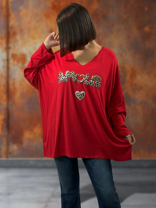 CARLITA - PULL ROUGE EN MAILLE FLUIDE JUSQU'A LA TAILLE 54