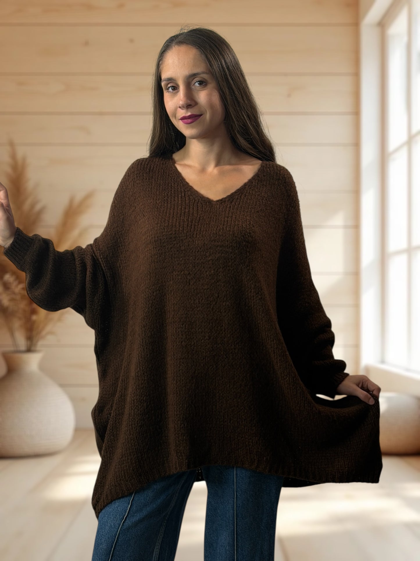 RICKOU - PULL OVERSIZE MARRON MOTIF SOLEIL JUSQU'A LA TAILLE 56