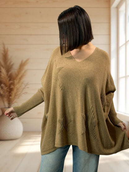 ZAZA - PULL OVERSIZE CAMEL MOTIF ETOILE JUSQU'A LA TAILLE 56