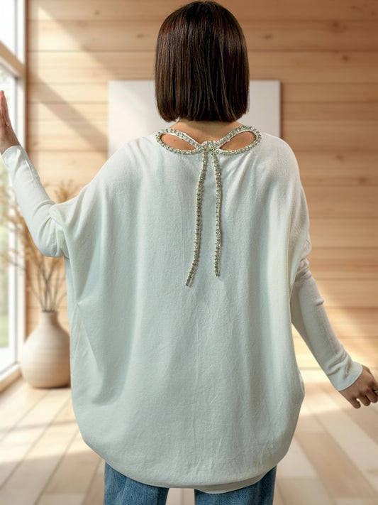 ANAIS - PULL BLANC NOEUD EN STRASS DANS LE DOS JUSQU'A LA TAILLE 52/54