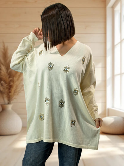 RITA - PULL OVERSIZE BLANC CASSE AVEC OEIL EN SEQUINS JUSQU'A LA TAILLE 54
