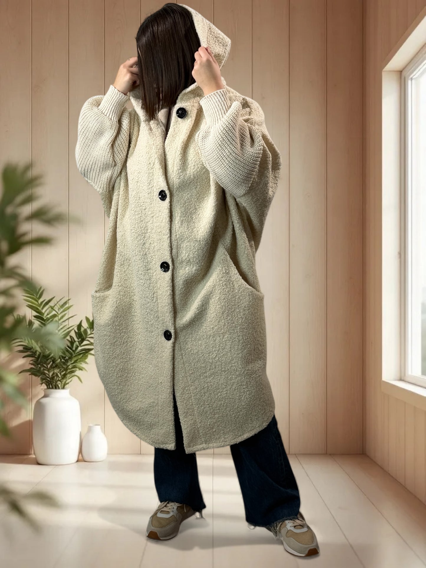 VIRGINIE - MANTEAU OVERSIZE BLANC CASSE A CAPUCHE JUSQU'A LA TAILLE 54