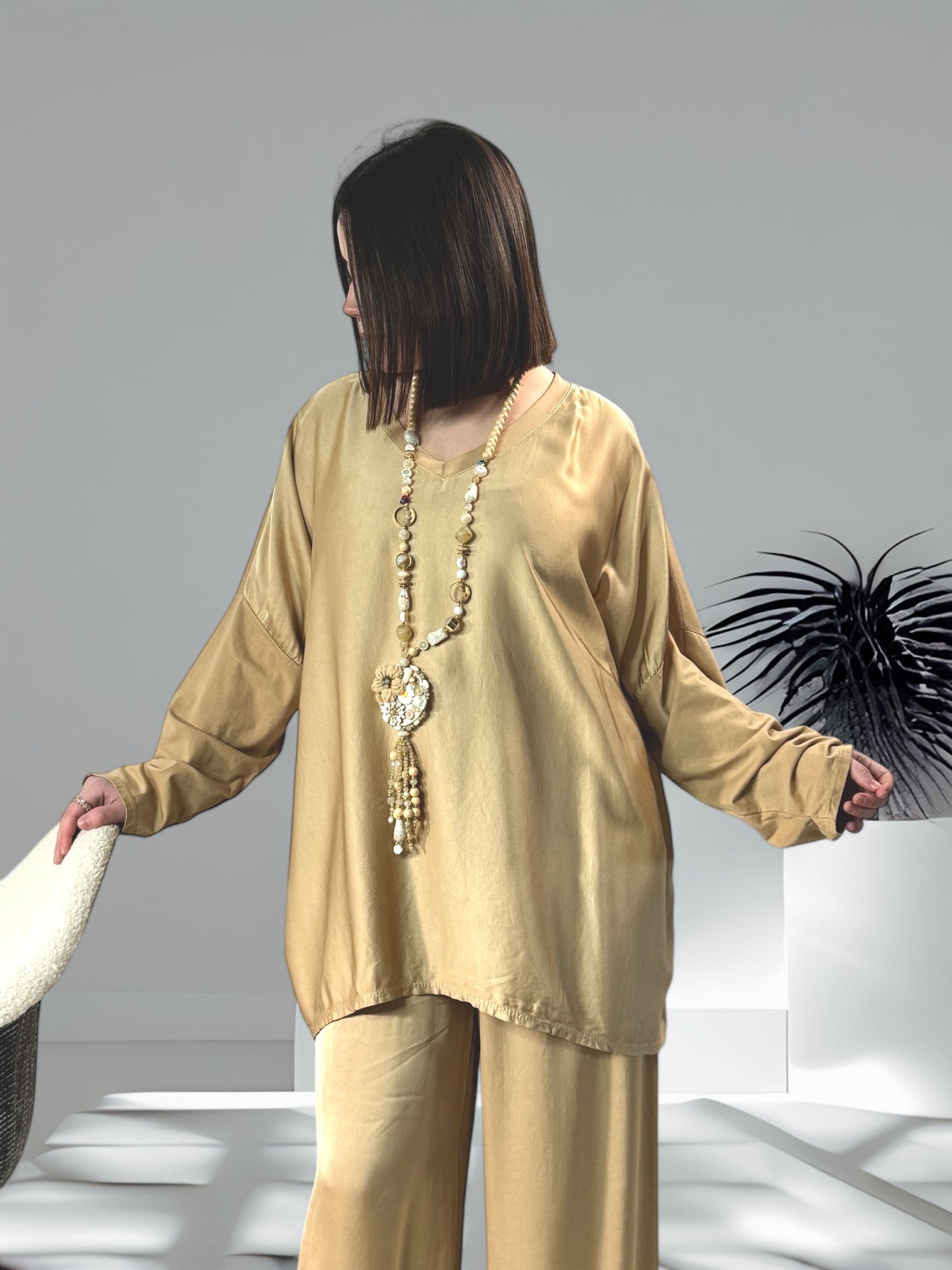 SIENNA - ENSEMBLE TUNIQUE ET PANTALON  FLUIDE CAMEL OVERSIZE JUSQU'A LA TAILLE 46