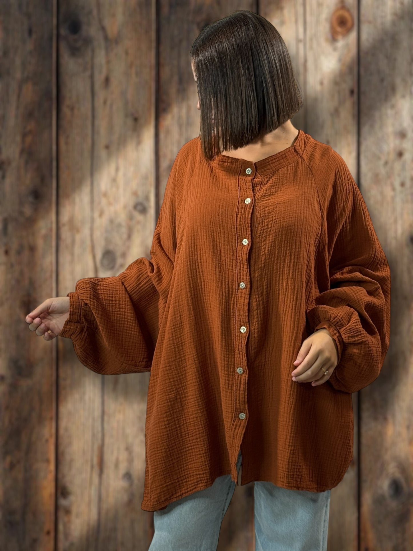 TIRAMISU - CHEMISE OVERSIZE TERRACOTTA EN GAZE DE COTON JUSQU'A LA TAILLE 56