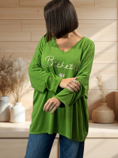 BICHETTE - PULL VERT EN MAILLE FLUIDE JUSQU'A LA TAILLE 54/56
