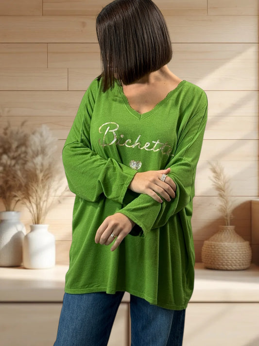 BICHETTE - PULL VERT EN MAILLE FLUIDE JUSQU'A LA TAILLE 54/56