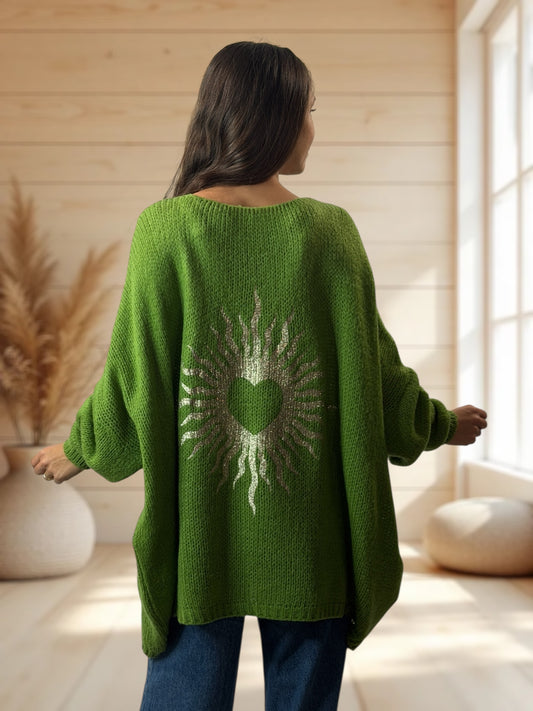 RICKOU - PULL OVERSIZE VERT MOTIF SOLEIL JUSQU'A LA TAILLE 56