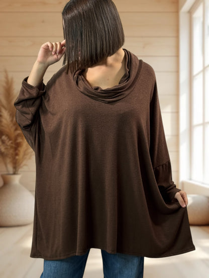 ABIGAIL - PULL OVERSIZE MARRON EN MAILLE FLUIDE JUSQU'A LA TAILLE 56