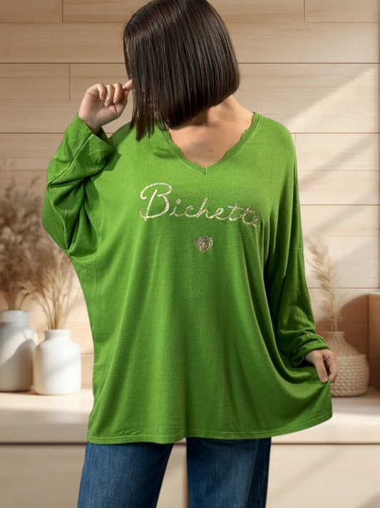 BICHETTE - PULL VERT EN MAILLE FLUIDE JUSQU'A LA TAILLE 54/56