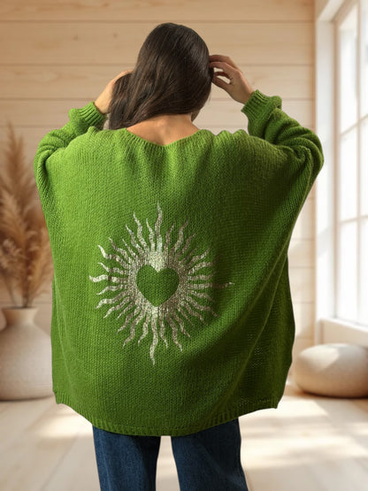 RICKOU - PULL OVERSIZE VERT MOTIF SOLEIL JUSQU'A LA TAILLE 56