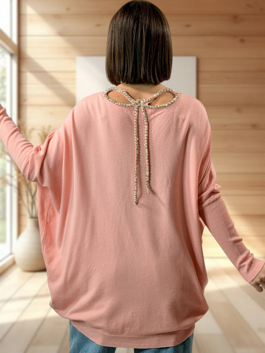 ANAIS - PULL ROSE NOEUD EN STRASS DANS LE DOS JUSQU'A LA TAILLE 52/54