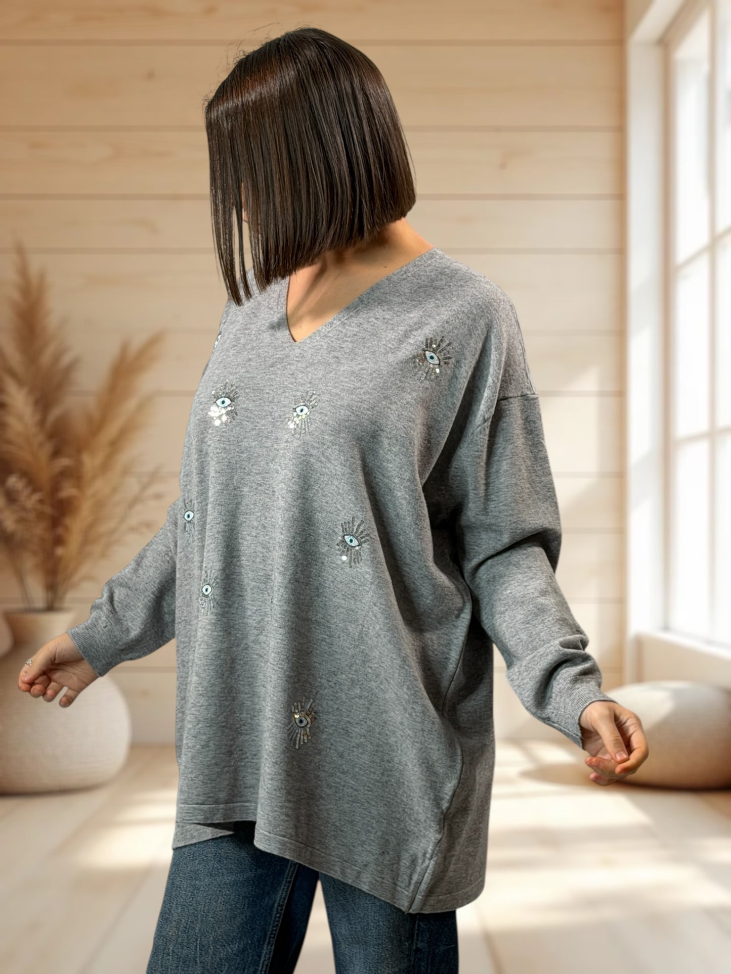 RITA - PULL OVERSIZE GRIS AVEC OEIL EN SEQUINS JUSQU'A LA TAILLE 54