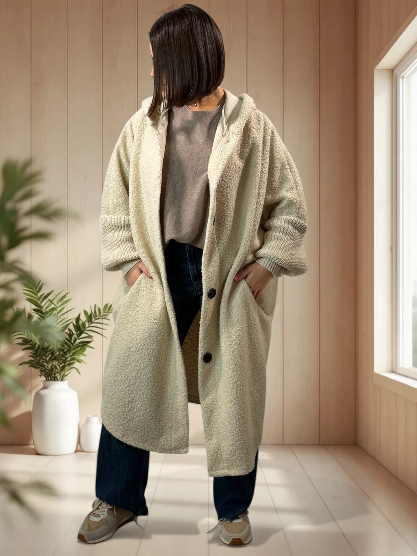 VIRGINIE - MANTEAU OVERSIZE BLANC CASSE A CAPUCHE JUSQU'A LA TAILLE 54