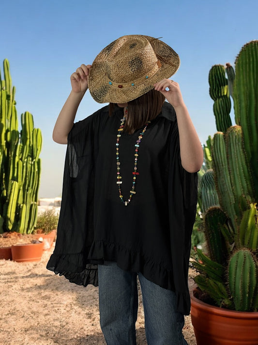 SERENA - BLOUSE NOIRE OVERSIZE EN COTON JUSQU'A LA TAILLE 56