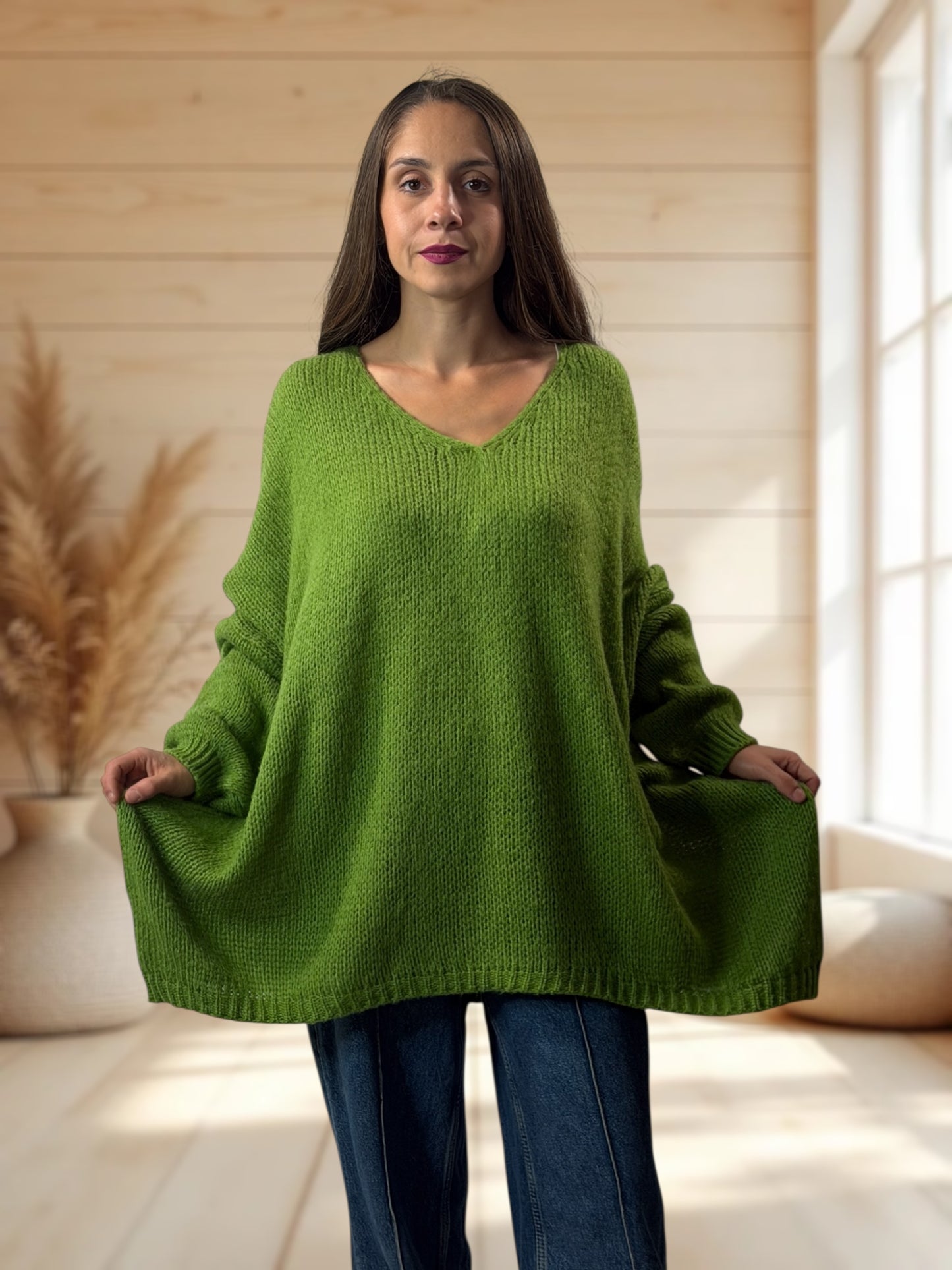 RICKOU - PULL OVERSIZE VERT MOTIF SOLEIL JUSQU'A LA TAILLE 56