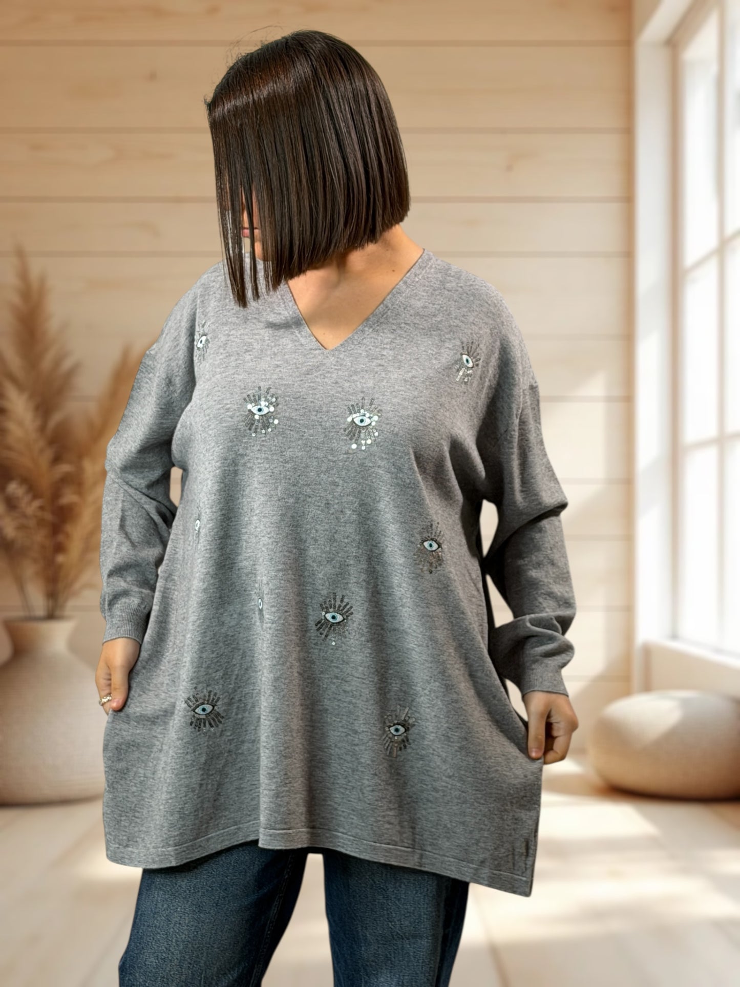 RITA - PULL OVERSIZE GRIS AVEC OEIL EN SEQUINS JUSQU'A LA TAILLE 54