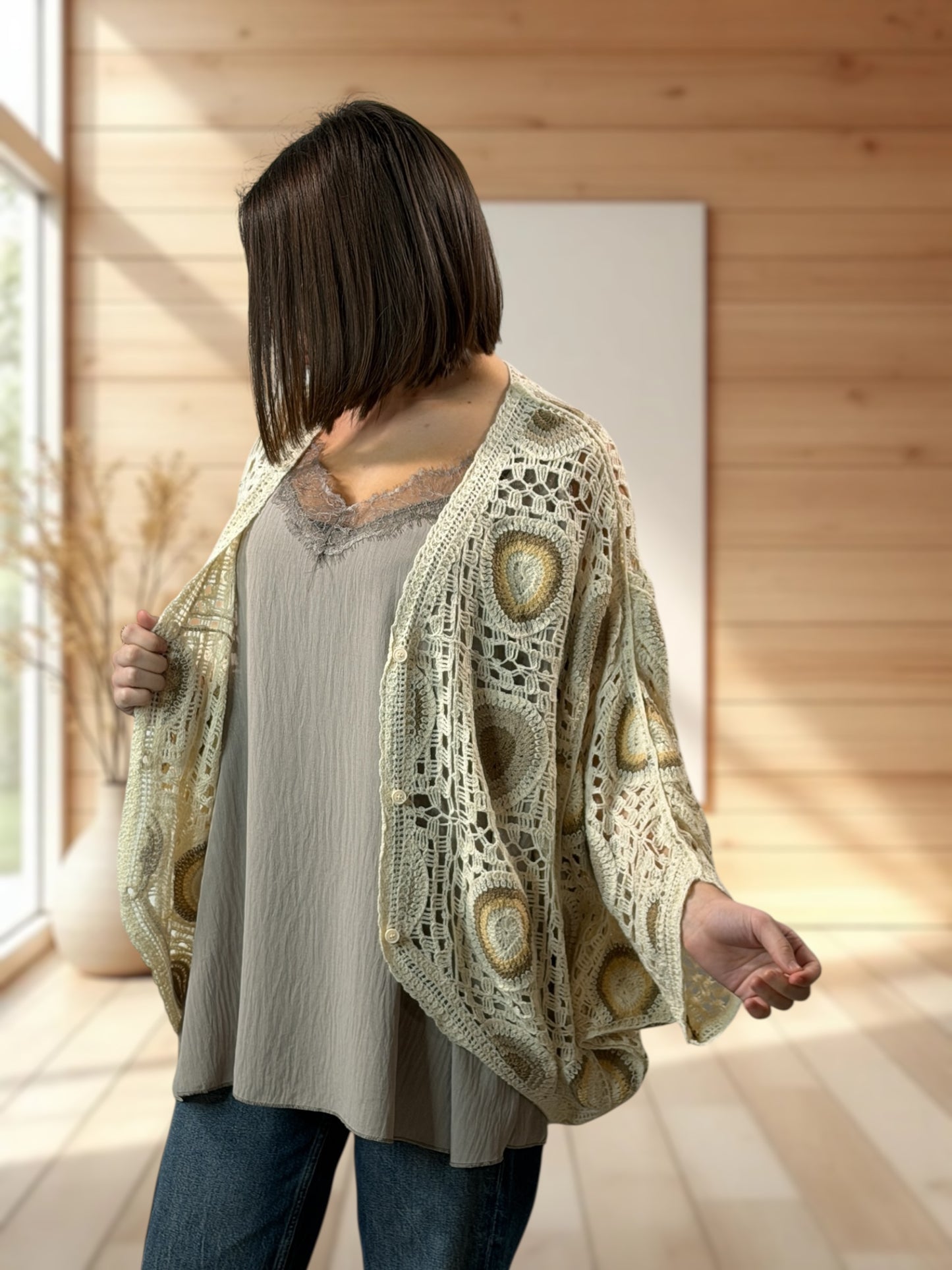 MOLLY - GILET OVERSIZE EN COTON MOTIF TAUPE JUSQU'A LA TAILLE 52