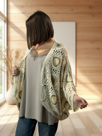 MOLLY - GILET OVERSIZE EN COTON MOTIF TAUPE JUSQU'A LA TAILLE 52