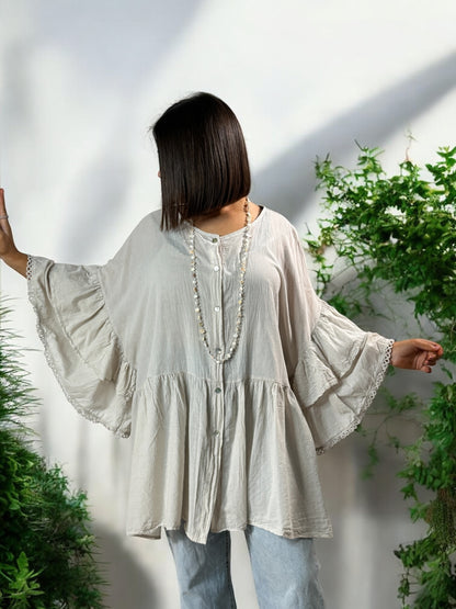 CORALINE - BLOUSE OVERSIZE BEIGE EN COTON JUSQU'A LA TAILLE 52/54
